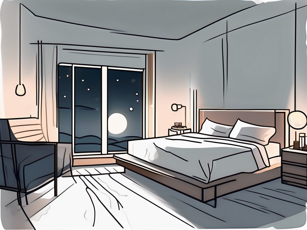 A dimly lit bedroom with a moonlit window