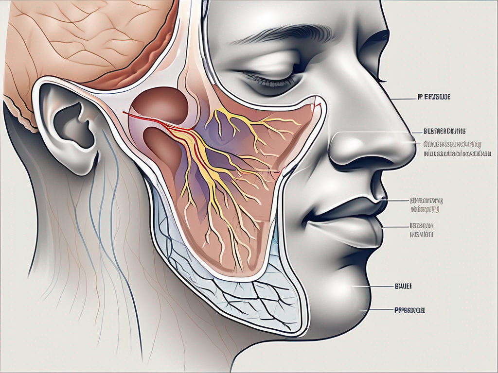 A cross-section of a nose showing a deviated septum and the airflow being obstructed