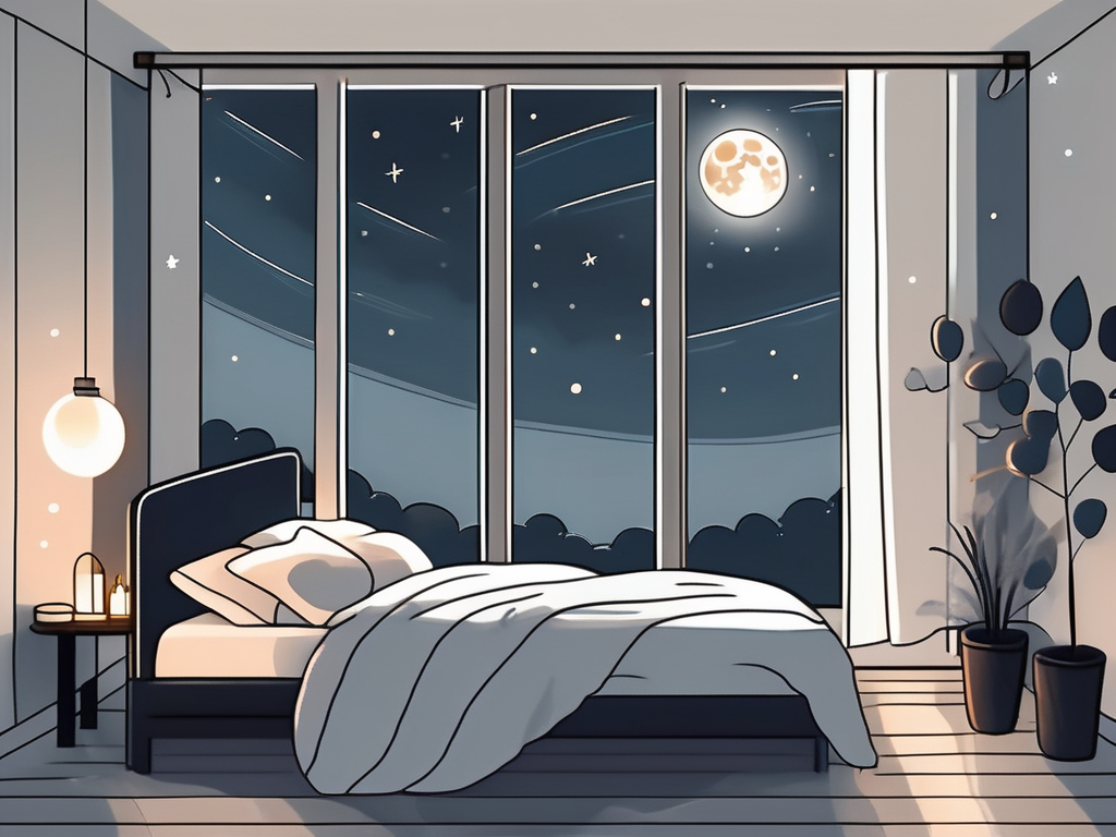 A tranquil bedroom scene with a glowing moon visible through the window