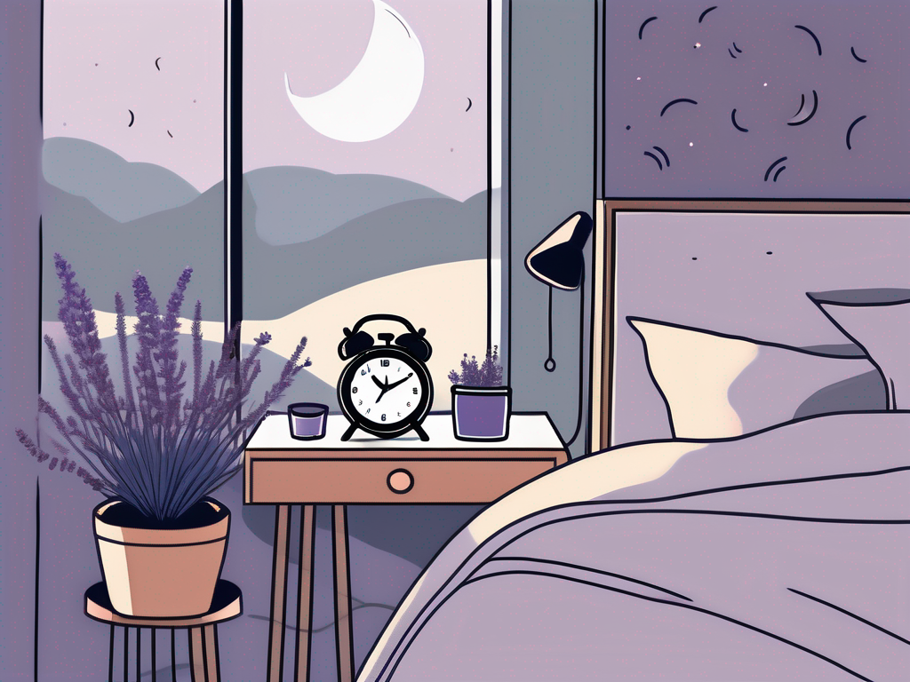 An alarm clock on a nightstand next to a bed with calming colors and a moonlit window
