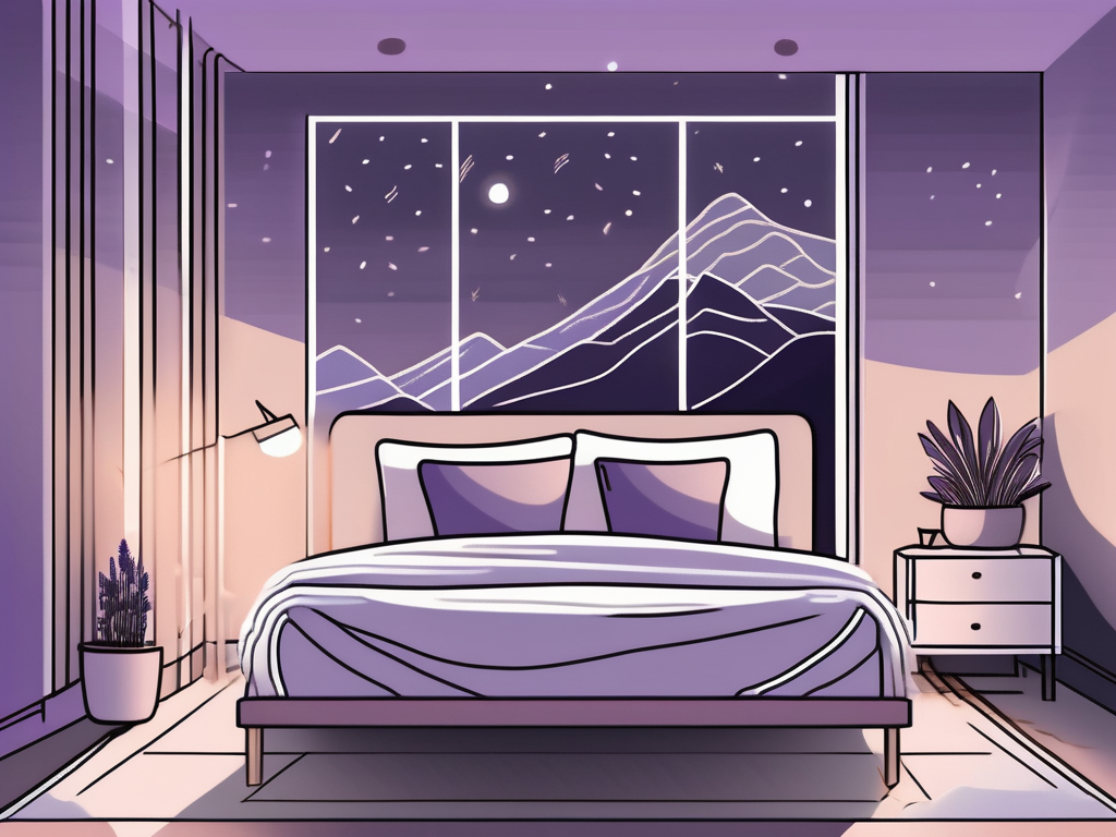 A serene bedroom setting at night with a comfortable bed